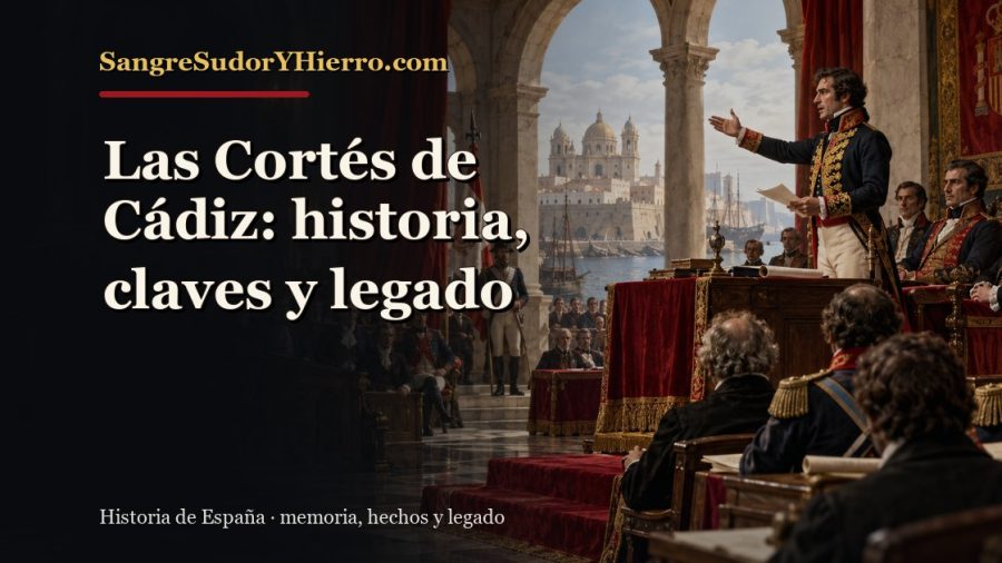 Ilustración histórica de Las Cortés de Cádiz con el título «Las Cortés de Cádiz: historia, claves y legado» y la marca SangreSudorYHierro.com