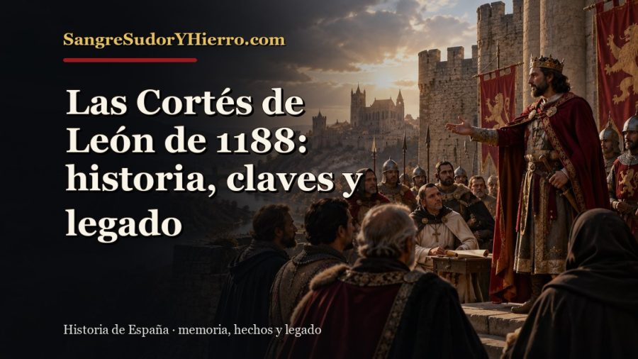 Ilustración histórica de Las Cortés de León de 1188 con el título «Las Cortés de León de 1188: historia, claves y legado» y la marca SangreSudorYHierro.com