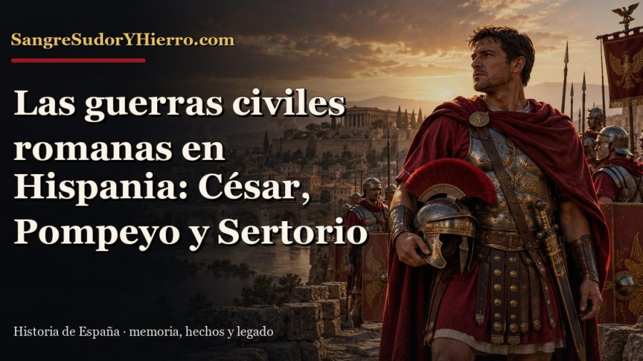 Ilustración histórica de Las guerras civiles romanas en Hispania con el título «Las guerras civiles romanas en Hispania: César, Pompeyo y Sertorio» y la marca SangreSudorYHierro.com