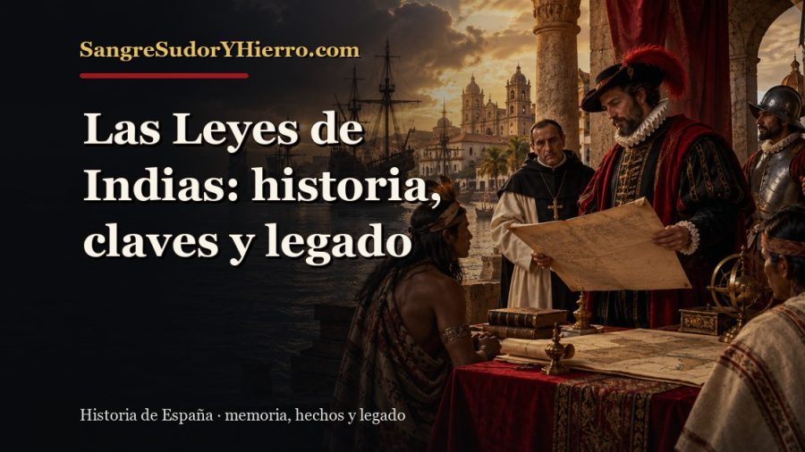 Ilustración histórica de Las Leyes de Indias con el título «Las Leyes de Indias: historia, claves y legado» y la marca SangreSudorYHierro.com