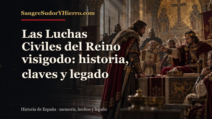 Ilustración histórica de Las Luchas Civiles del Reino visigodo con el título «Las Luchas Civiles del Reino visigodo: historia, claves y legado» y la marca SangreSudorYHierro.com