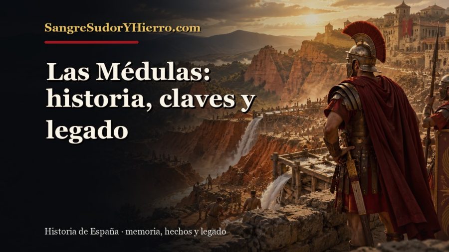 Ilustración histórica de Las Médulas con el título «Las Médulas: historia, claves y legado» y la marca SangreSudorYHierro.com