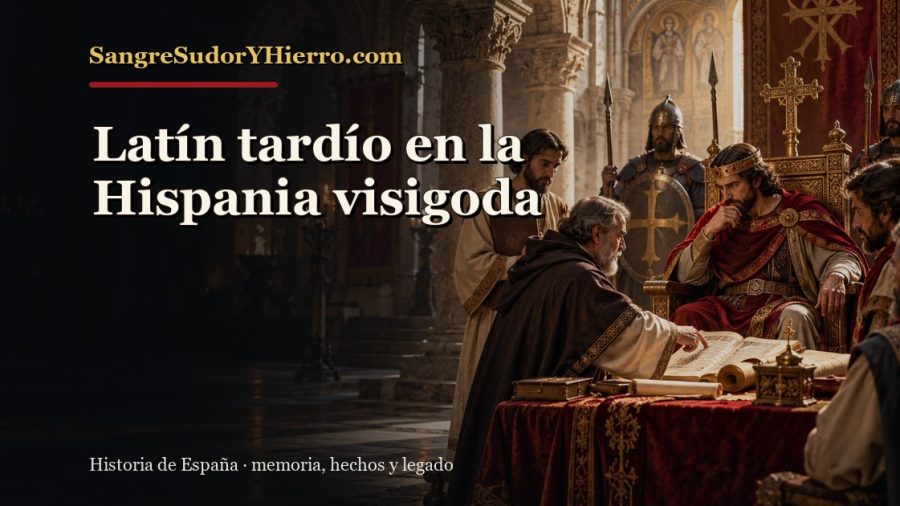 Ilustración histórica de Latín tardío en la Hispania visigoda con el título «Latín tardío en la Hispania visigoda» y la marca SangreSudorYHierro.com