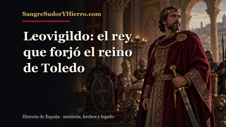 Ilustración histórica de Leovigildo con el título «Leovigildo: el rey que forjó el reino de Toledo» y la marca SangreSudorYHierro.com