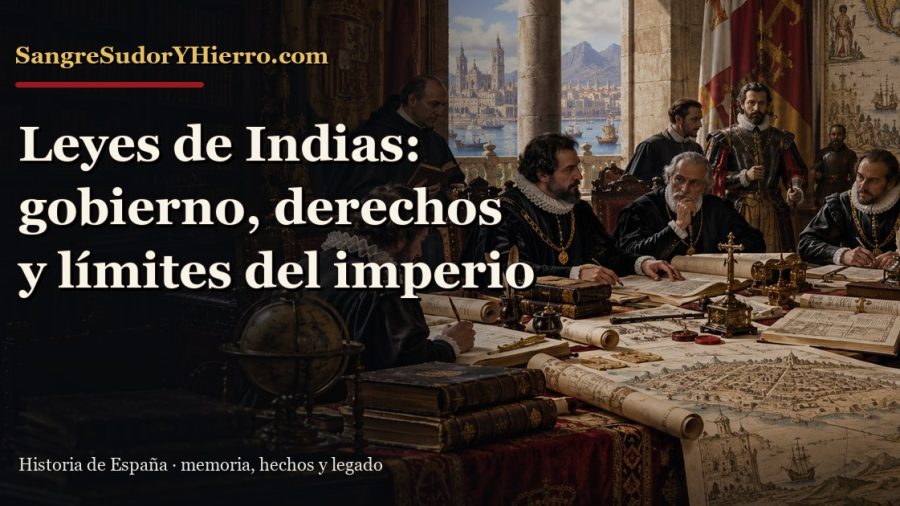 Recreación histórica sobre Leyes de Indias con el título «Leyes de Indias: gobierno, derechos y límites del imperio» y la marca SangreSudorYHierro.com