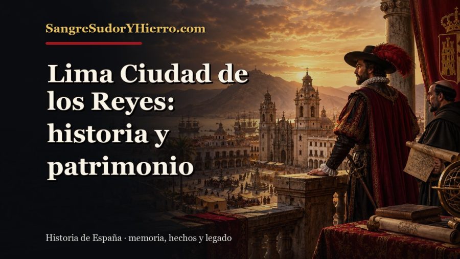 Ilustración histórica de Lima Ciudad de los Reyes con el título «Lima Ciudad de los Reyes: historia y patrimonio» y la marca SangreSudorYHierro.com