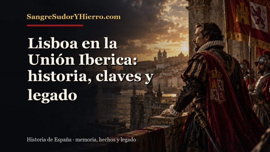 Ilustración histórica de Lisboa en la Unión Iberica con el título «Lisboa en la Unión Iberica: historia, claves y legado» y la marca SangreSudorYHierro.com