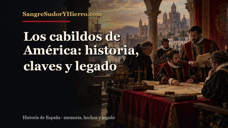 Ilustración histórica de Los cabildos de América con el título «Los cabildos de América: historia, claves y legado» y la marca SangreSudorYHierro.com