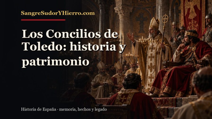 Ilustración histórica de Los Concilios de Toledo con el título «Los Concilios de Toledo: historia y patrimonio» y la marca SangreSudorYHierro.com