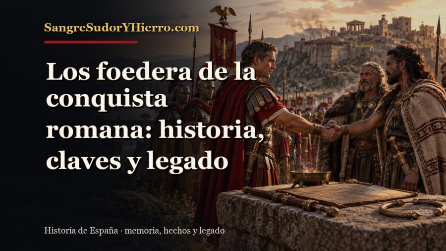Ilustración histórica de Los foedera de la conquista romana con el título «Los foedera de la conquista romana: historia, claves y legado» y la marca SangreSudorYHierro.com