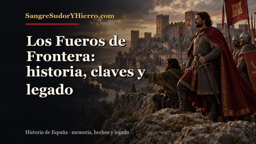 Ilustración histórica de Los Fueros de Frontera con el título «Los Fueros de Frontera: historia, claves y legado» y la marca SangreSudorYHierro.com