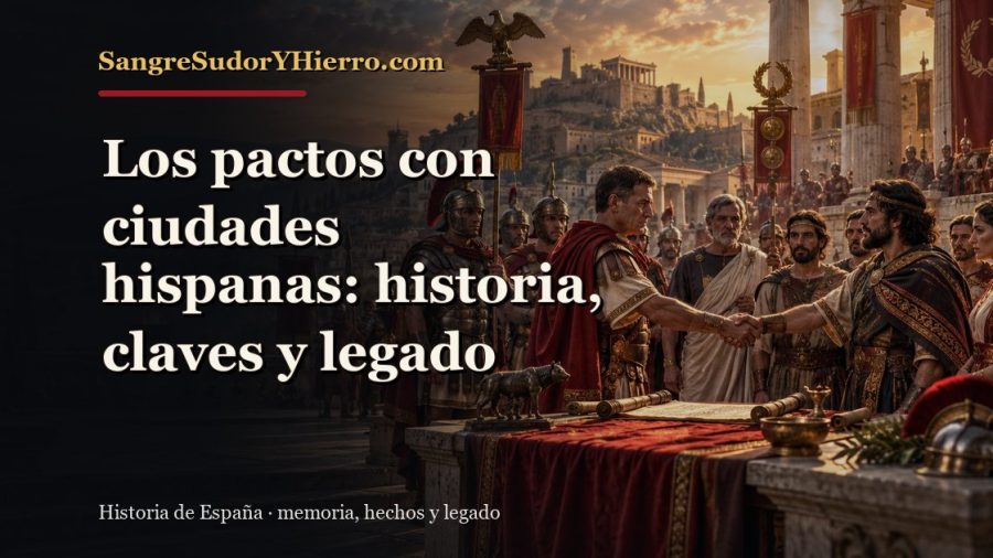 Ilustración histórica de Los pactos con ciudades hispanas con el título «Los pactos con ciudades hispanas: historia, claves y legado» y la marca SangreSudorYHierro.com