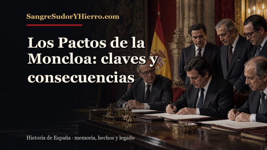 Ilustración histórica de Los Pactos de la Moncloa con el título «Los Pactos de la Moncloa: claves y consecuencias» y la marca SangreSudorYHierro.com