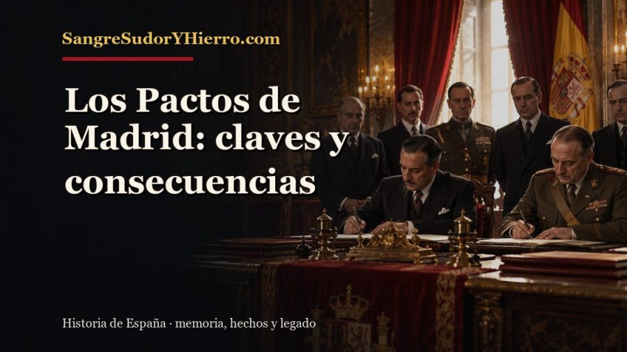 Ilustración histórica de Los Pactos de Madrid con el título «Los Pactos de Madrid: claves y consecuencias» y la marca SangreSudorYHierro.com