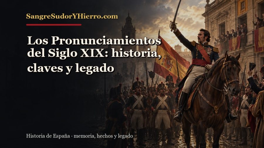 Ilustración histórica de Los Pronunciamientos del Siglo XIX con el título «Los Pronunciamientos del Siglo XIX: historia, claves y legado» y la marca SangreSudorYHierro.com