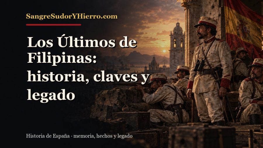 Ilustración histórica de Los Últimos de Filipinas con el título «Los Últimos de Filipinas: historia, claves y legado» y la marca SangreSudorYHierro.com
