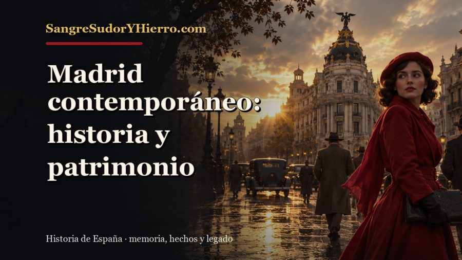 Ilustración histórica de Madrid contemporáneo con el título «Madrid contemporáneo: historia y patrimonio» y la marca SangreSudorYHierro.com
