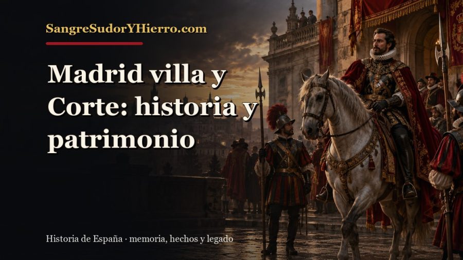 Ilustración histórica de Madrid villa y Corte con el título «Madrid villa y Corte: historia y patrimonio» y la marca SangreSudorYHierro.com