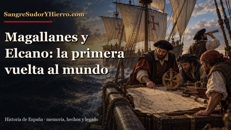 La nao Victoria navegando en la primera vuelta al mundo de Magallanes y Elcano con el título del artículo