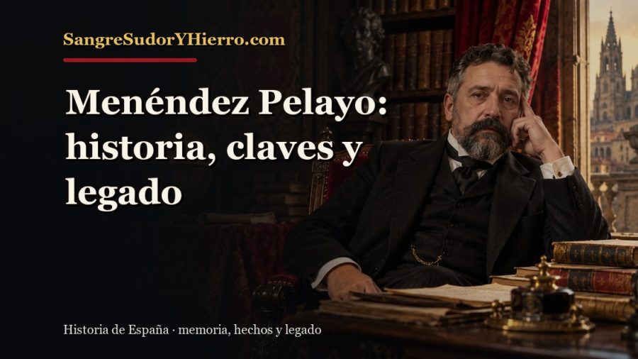 Ilustración histórica de Menéndez Pelayo con el título «Menéndez Pelayo: historia, claves y legado» y la marca SangreSudorYHierro.com