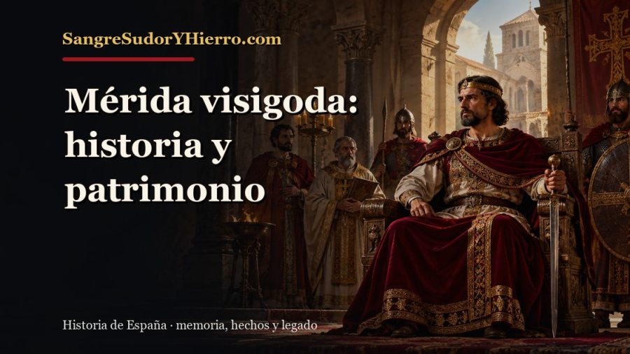 Ilustración histórica de Mérida visigoda con el título «Mérida visigoda: historia y patrimonio» y la marca SangreSudorYHierro.com