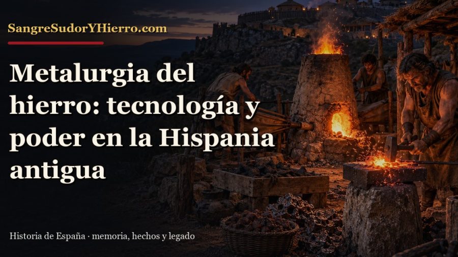 Recreación histórica sobre metalurgia del hierro prerromana con el título «Metalurgia del hierro: tecnología y poder en la Hispania antigua» y la marca SangreSudorYHierro.com
