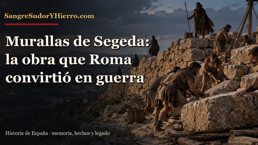 Recreación histórica sobre murallas de Segeda con el título «Murallas de Segeda: la obra que Roma convirtió en guerra» y la marca SangreSudorYHierro.com
