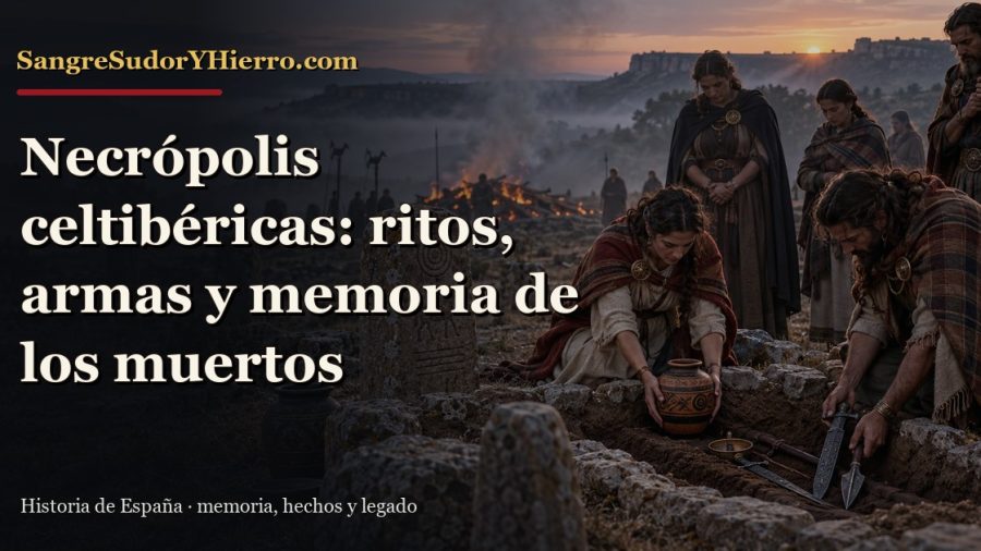Recreación histórica sobre necrópolis celtibéricas con el título «Necrópolis celtibéricas: ritos, armas y memoria de los muertos» y la marca SangreSudorYHierro.com