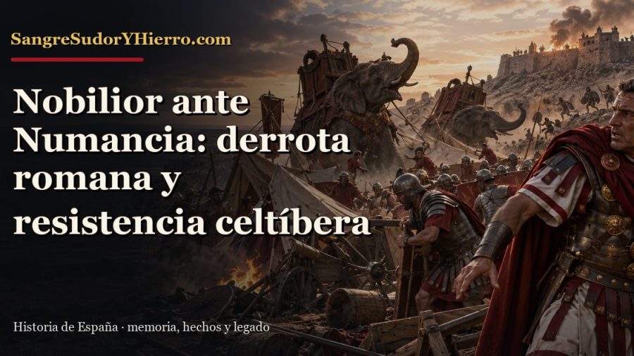 Recreación histórica sobre Nobilior ante Numancia con el título «Nobilior ante Numancia: derrota romana y resistencia celtíbera» y la marca SangreSudorYHierro.com