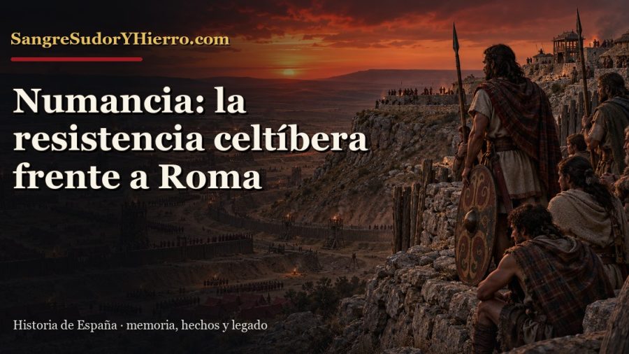 Defensores celtíberos observan el cerco romano de Numancia con el título del artículo