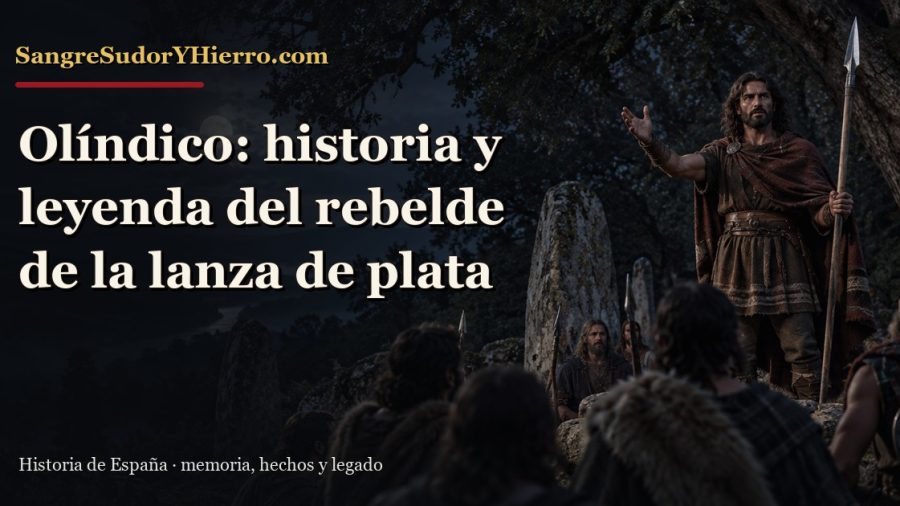 Recreación histórica sobre Olíndico con el título «Olíndico: historia y leyenda del rebelde de la lanza de plata» y la marca SangreSudorYHierro.com