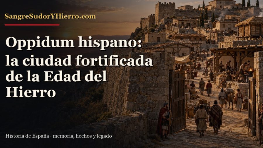 Recreación histórica sobre oppidum hispano con el título «Oppidum hispano: la ciudad fortificada de la Edad del Hierro» y la marca SangreSudorYHierro.com