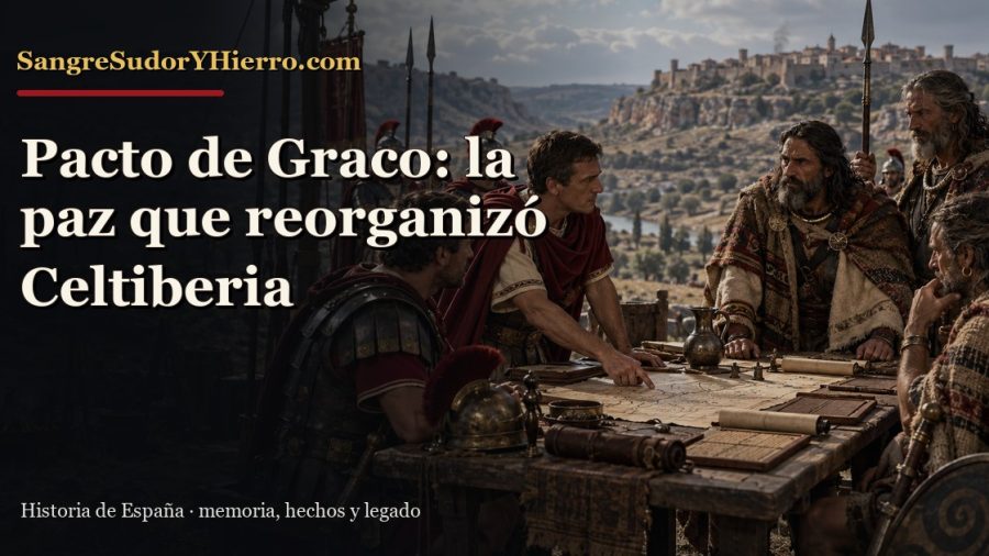Recreación histórica sobre pacto de Graco con los celtíberos con el título «Pacto de Graco: la paz que reorganizó Celtiberia» y la marca SangreSudorYHierro.com