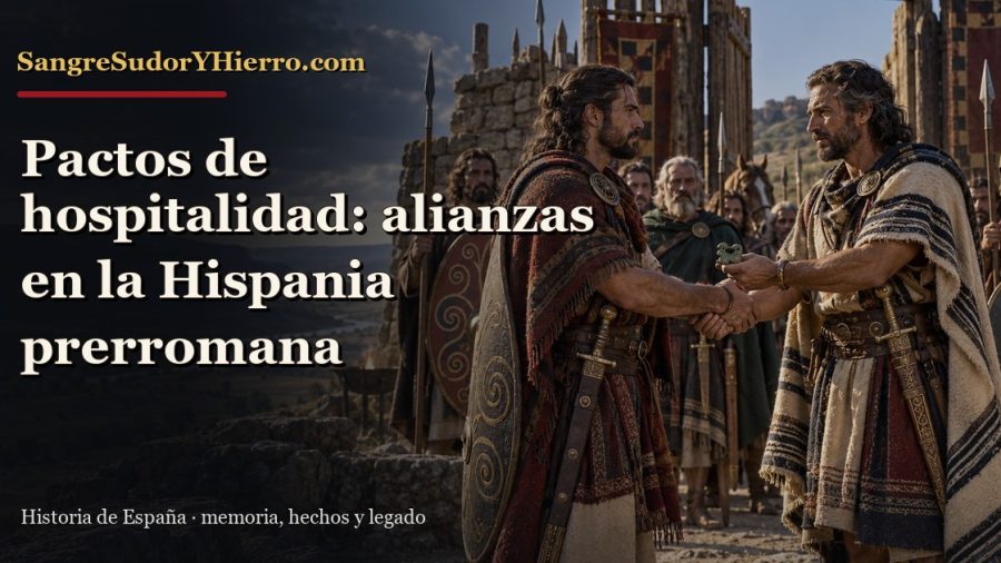 Recreación histórica sobre pactos de hospitalidad con el título «Pactos de hospitalidad: alianzas en la Hispania prerromana» y la marca SangreSudorYHierro.com