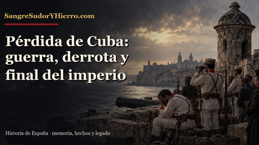 Recreación histórica sobre pérdida de Cuba en 1898 con el título «Pérdida de Cuba: guerra, derrota y final del imperio» y la marca SangreSudorYHierro.com