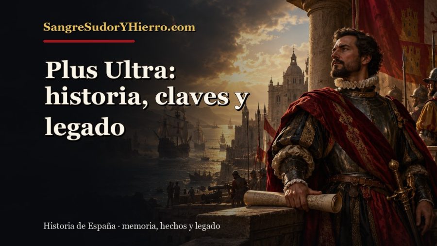 Ilustración histórica de Plus Ultra con el título «Plus Ultra: historia, claves y legado» y la marca SangreSudorYHierro.com