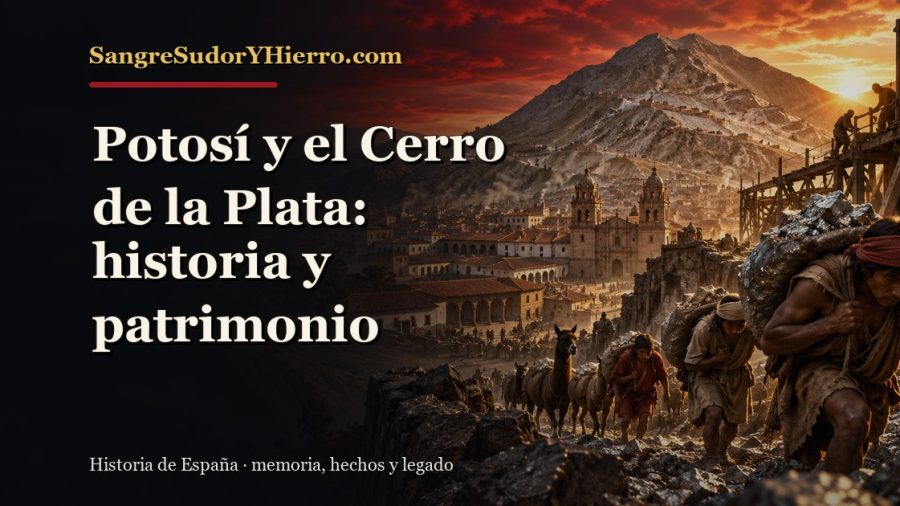 Ilustración histórica de Potosí y el Cerro de la Plata con el título «Potosí y el Cerro de la Plata: historia y patrimonio» y la marca SangreSudorYHierro.com