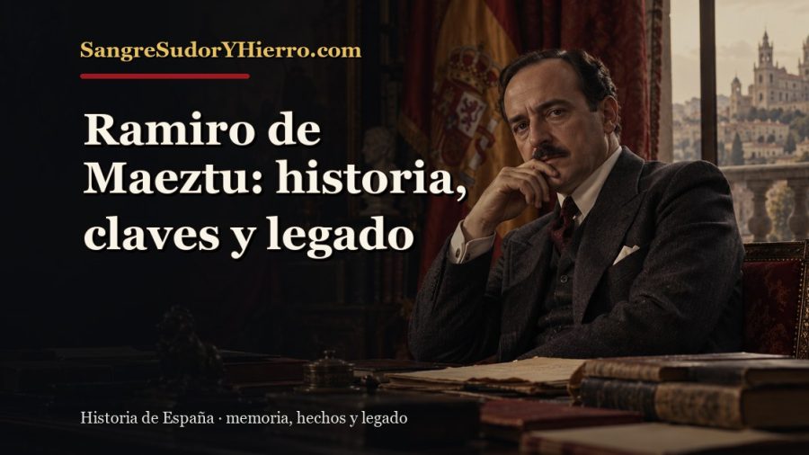 Ilustración histórica de Ramiro de Maeztu con el título «Ramiro de Maeztu: historia, claves y legado» y la marca SangreSudorYHierro.com