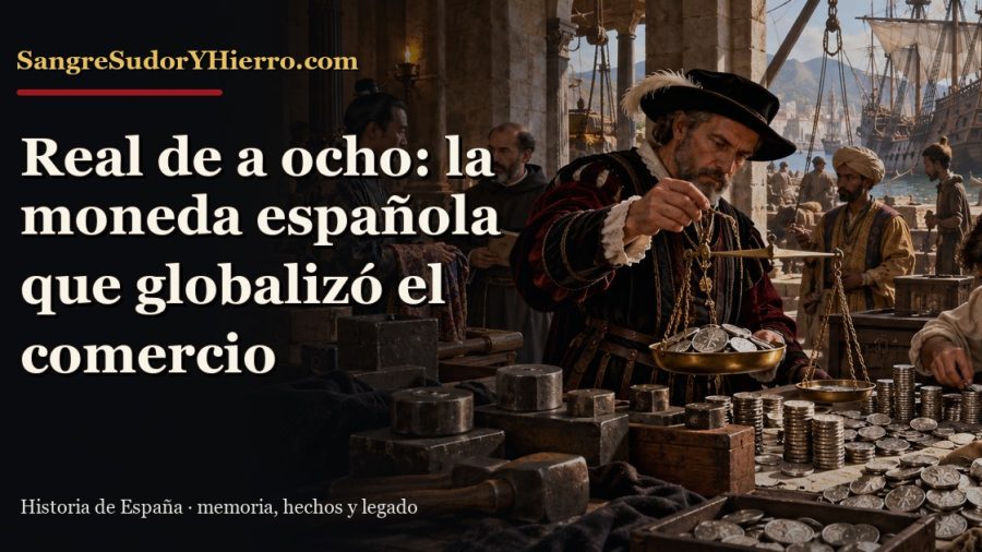 Recreación histórica sobre real de a ocho español con el título «Real de a ocho: la moneda española que globalizó el comercio» y la marca SangreSudorYHierro.com