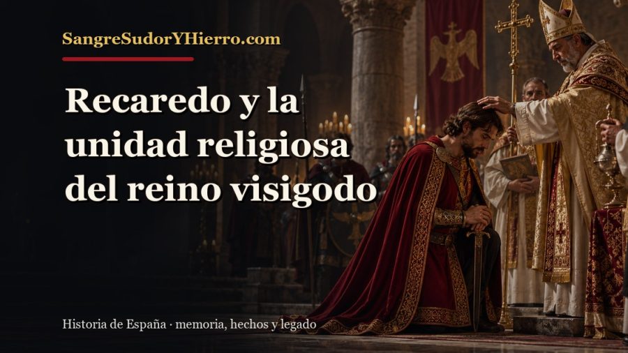 Ilustración histórica de Recaredo y la unidad religiosa del reino visigodo con el título «Recaredo y la unidad religiosa del reino visigodo» y la marca SangreSudorYHierro.com