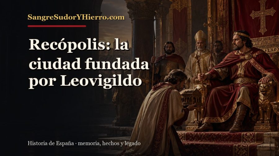 Ilustración histórica de Recópolis con el título «Recópolis: la ciudad fundada por Leovigildo» y la marca SangreSudorYHierro.com