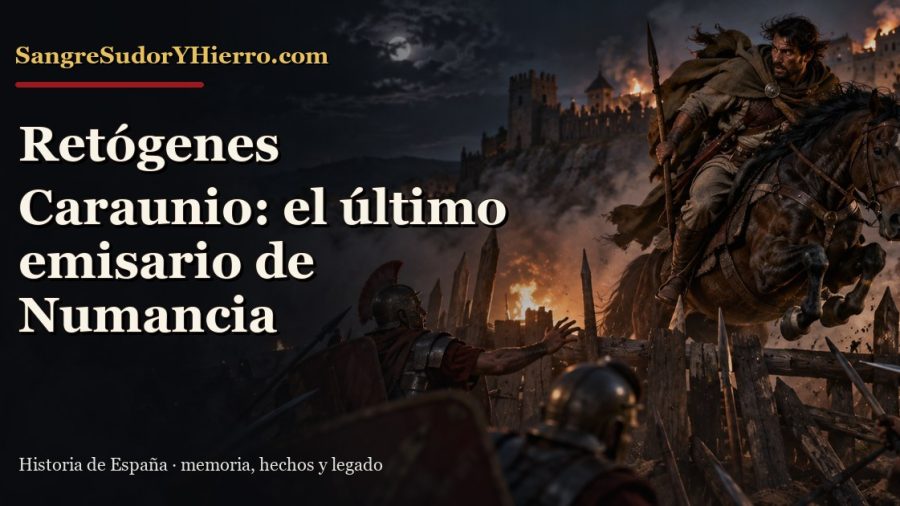 Recreación histórica sobre Retógenes Caraunio con el título «Retógenes Caraunio: el último emisario de Numancia» y la marca SangreSudorYHierro.com