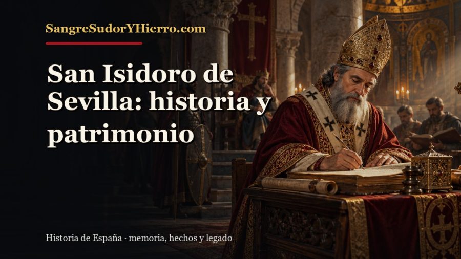 Ilustración histórica de San Isidoro de Sevilla con el título «San Isidoro de Sevilla: historia y patrimonio» y la marca SangreSudorYHierro.com