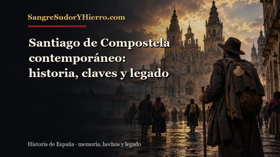 Ilustración histórica de Santiago de Compostela contemporáneo con el título «Santiago de Compostela contemporáneo: historia, claves y legado» y la marca SangreSudorYHierro.com