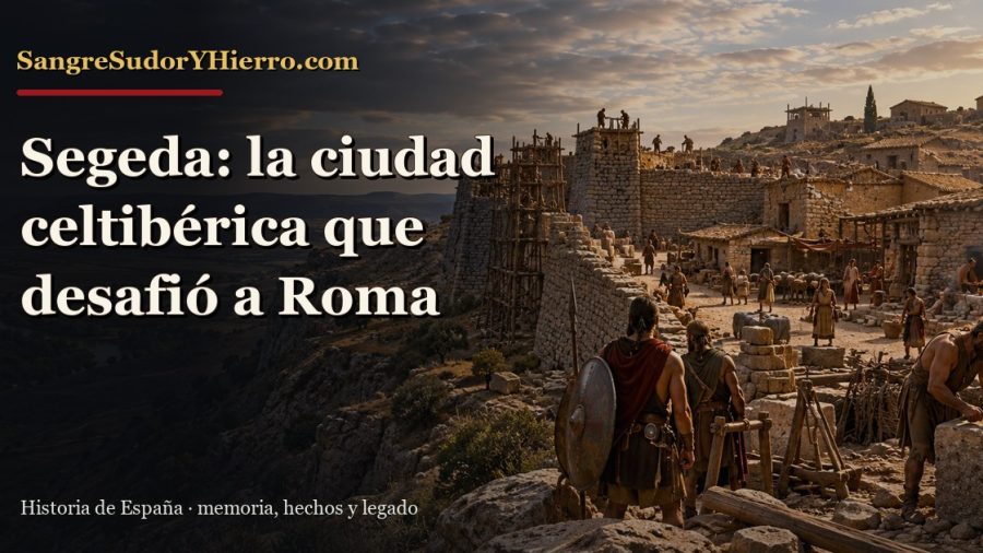 Recreación histórica sobre Segeda celtibérica con el título «Segeda: la ciudad celtibérica que desafió a Roma» y la marca SangreSudorYHierro.com