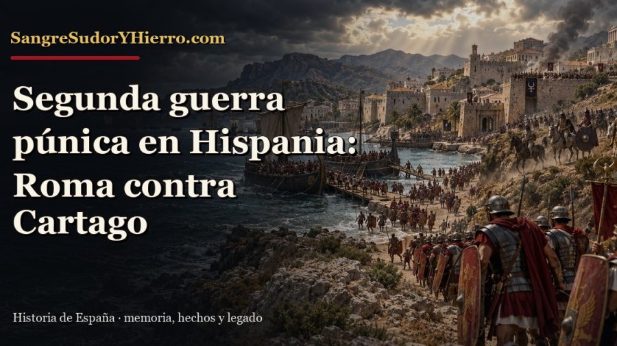 Recreación histórica sobre Segunda guerra púnica en Hispania con el título «Segunda guerra púnica en Hispania: Roma contra Cartago» y la marca SangreSudorYHierro.com
