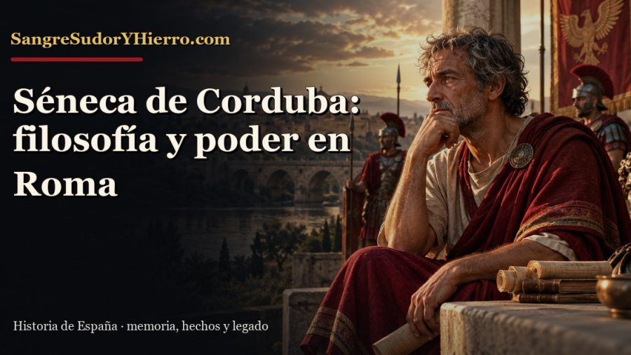 Ilustración histórica de Séneca de Corduba con el título «Séneca de Corduba: filosofía y poder en Roma» y la marca SangreSudorYHierro.com