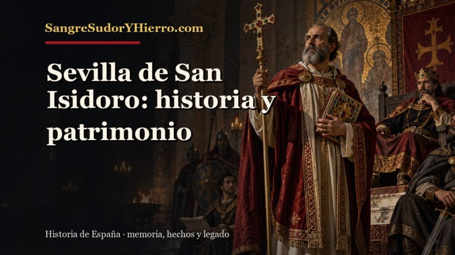 Ilustración histórica de Sevilla de San Isidoro con el título «Sevilla de San Isidoro: historia y patrimonio» y la marca SangreSudorYHierro.com