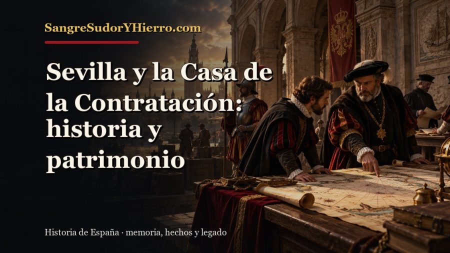 Ilustración histórica de Sevilla y la Casa de la Contratación con el título «Sevilla y la Casa de la Contratación: historia y patrimonio» y la marca SangreSudorYHierro.com