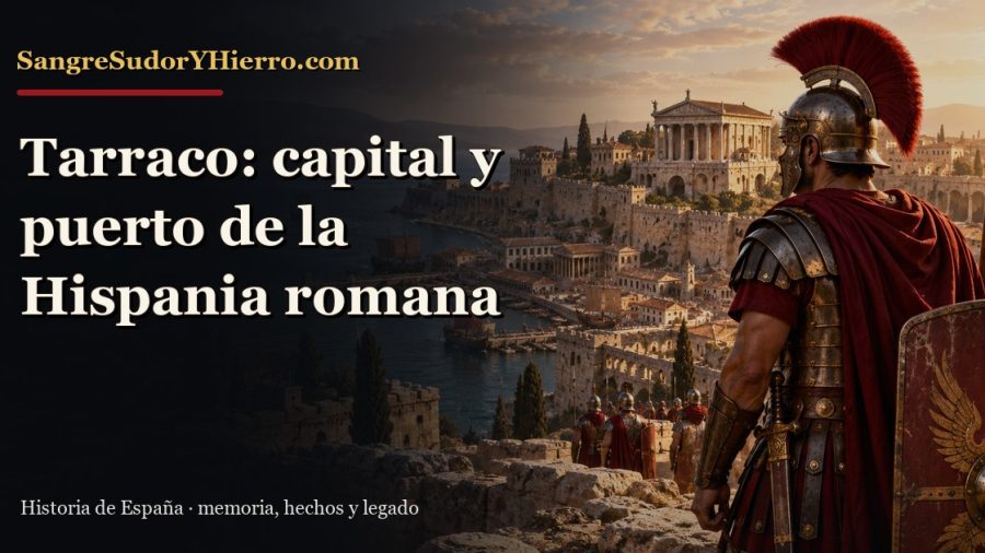 Ilustración histórica de Tarraco con el título «Tarraco: capital y puerto de la Hispania romana» y la marca SangreSudorYHierro.com